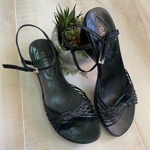 GUESS black leather strappy heeled sandals